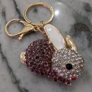 Crystal Bunny Keychain Bag Charm in Purple and White - Gold Hardware